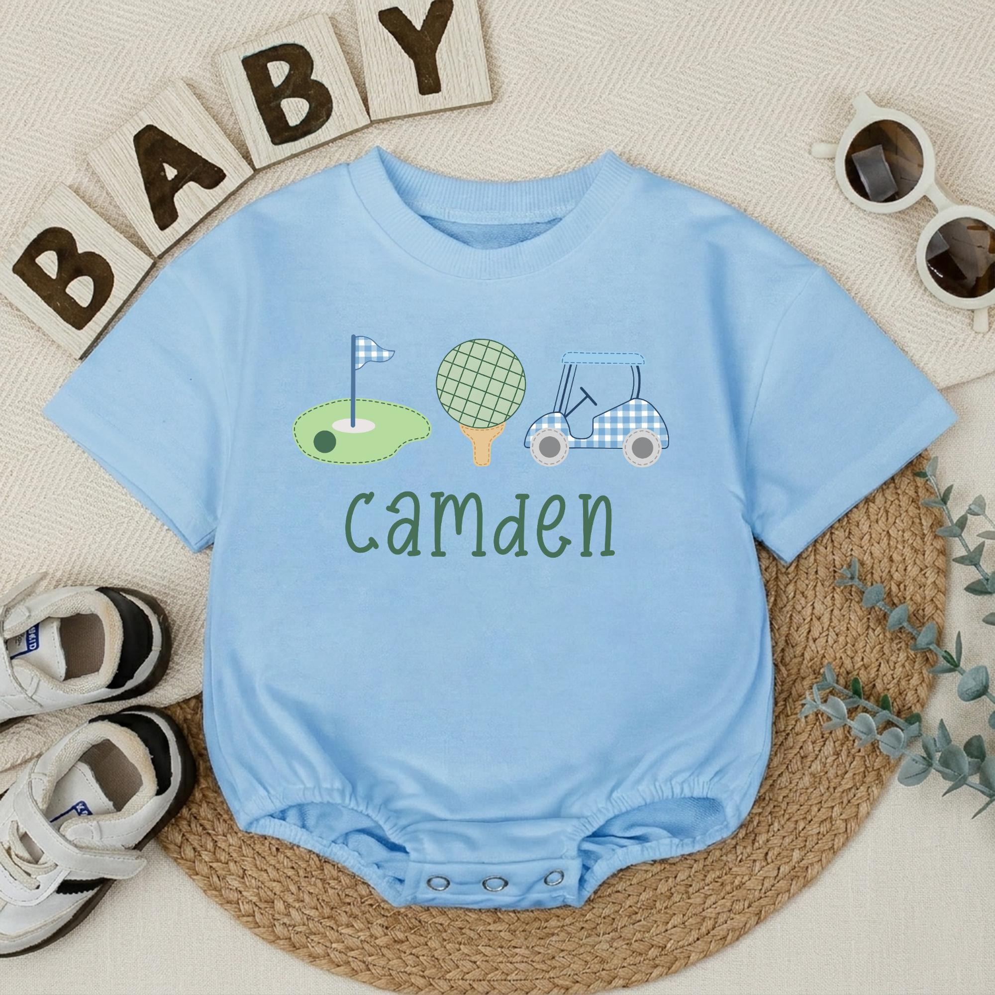 Custom Golf Baby Romper with Name, Soft Cotton Short Sleeve Outfit, Golf Themed Baby Clothes for Newborns, Baby Shower or Coming Home Gift
