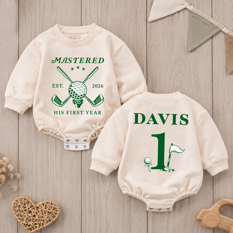 Custom Golf First Birthday Romper for Baby Boy, Mastered His First Year, Soft Cotton Short Sleeve Outfit for Spring and Summer Days