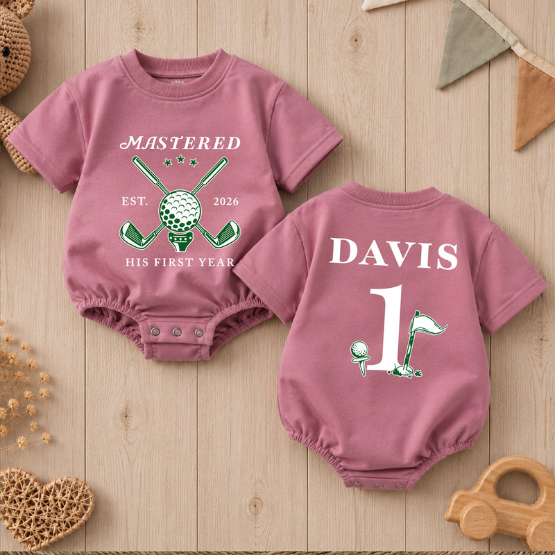Custom Golf First Birthday Romper for Baby Boy, Mastered His First Year, Soft Cotton Short Sleeve Outfit for Spring and Summer Days