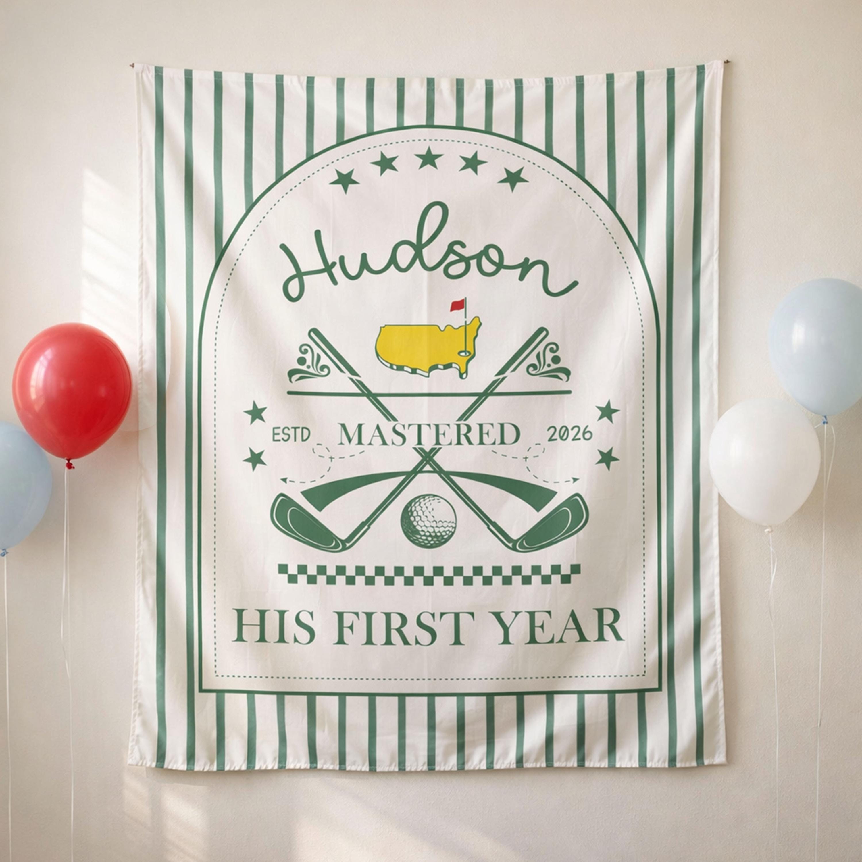 Custom Golf Theme 1st Birthday Banner with Shield Emblem, Hole in One Party Backdrop for Baby Boy, Personalized Name and Year Decor