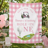 Custom Golf Theme 1st Birthday Silk Banner for Baby Girl, Pink Checkered Backdrop with Golf Cart & Hole-In-One Design, Party Decoration