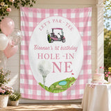 Custom Golf Theme 1st Birthday Silk Banner for Baby Girl, Pink Checkered Backdrop with Golf Cart & Hole-In-One Design, Party Decoration