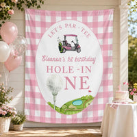 Custom Golf Theme 1st Birthday Silk Banner for Baby Girl, Pink Checkered Backdrop with Golf Cart & Hole-In-One Design, Party Decoration