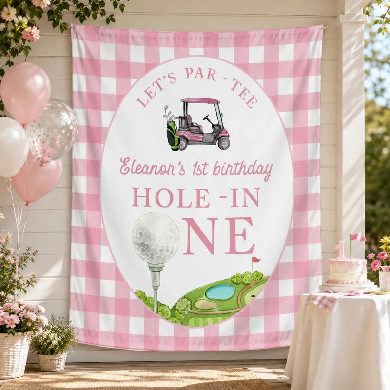Custom Golf Theme 1st Birthday Silk Banner for Baby Girl, Pink Checkered Backdrop with Golf Cart & Hole-In-One Design, Party Decoration