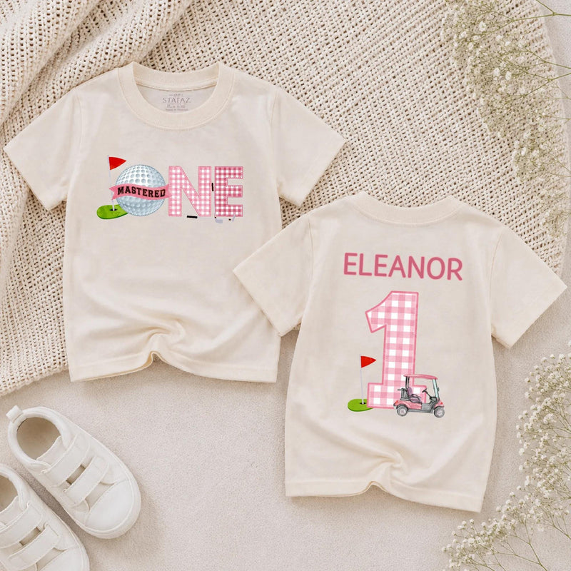 Custom Golf Theme 1st Birthday Silk Banner for Baby Girl, Pink Checkered Backdrop with Golf Cart & Hole-In-One Design, Party Decoration
