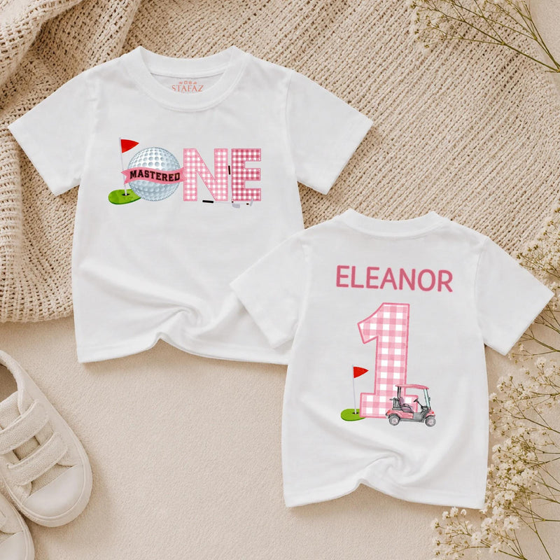 Custom Golf Theme 1st Birthday Silk Banner for Baby Girl, Pink Checkered Backdrop with Golf Cart & Hole-In-One Design, Party Decoration
