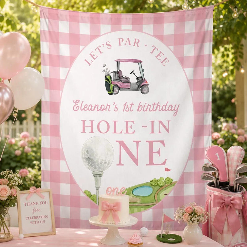 Custom Golf Theme 1st Birthday Silk Banner for Baby Girl, Pink Checkered Backdrop with Golf Cart & Hole-In-One Design, Party Decoration