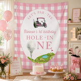 Custom Golf Theme 1st Birthday Silk Banner for Baby Girl, Pink Checkered Backdrop with Golf Cart & Hole-In-One Design, Party Decoration