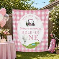 Custom Golf Theme 1st Birthday Silk Banner for Baby Girl, Pink Checkered Backdrop with Golf Cart & Hole-In-One Design, Party Decoration