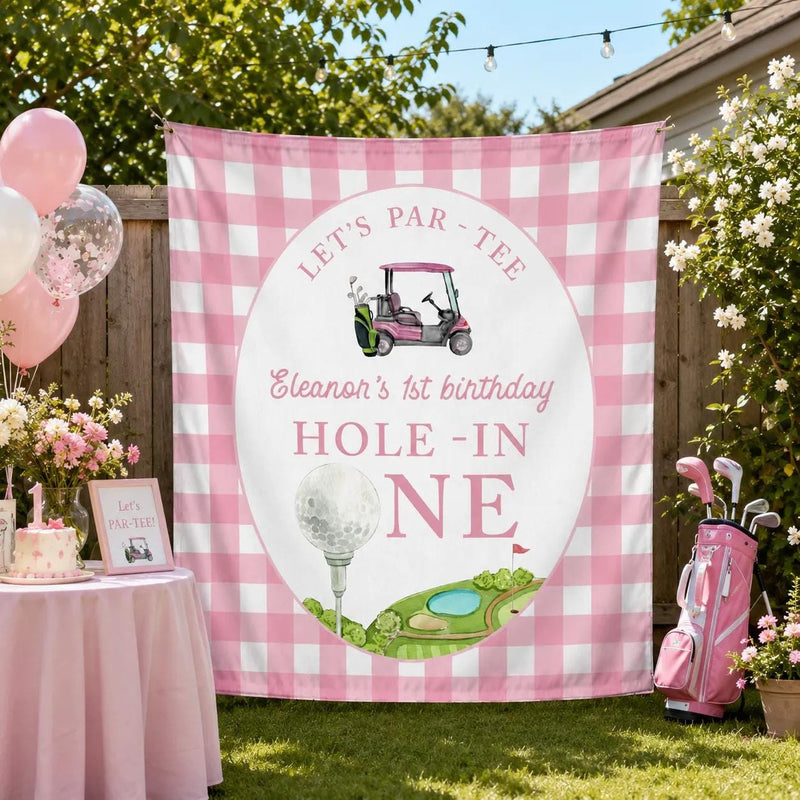 Custom Golf Theme 1st Birthday Silk Banner for Baby Girl, Pink Checkered Backdrop with Golf Cart & Hole-In-One Design, Party Decoration