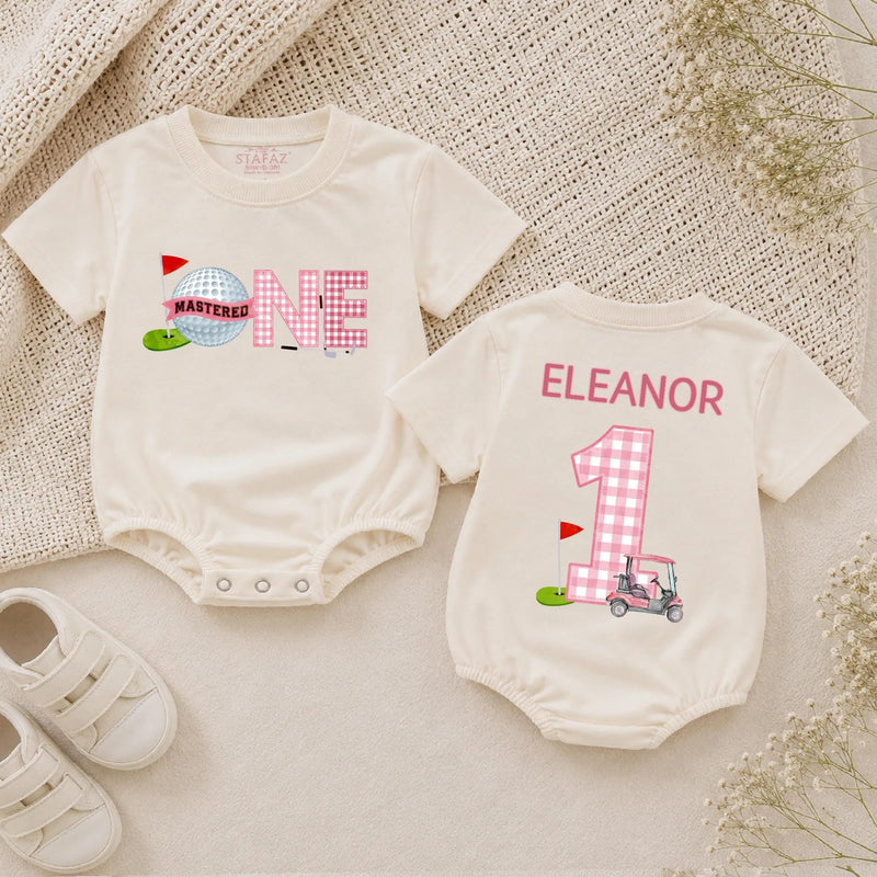 Custom Golf Theme 1st Birthday Silk Banner for Baby Girl, Pink Checkered Backdrop with Golf Cart & Hole-In-One Design, Party Decoration