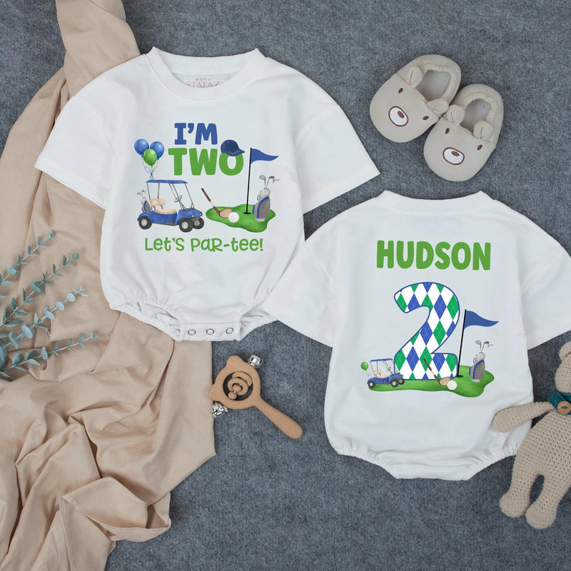 Custom Golf-Themed Toddler Birthday Shirt with 'I'm Two Let's Par-Tee' Design, Soft Cotton Matching Family Outfit for 2nd Birthday Celebrations