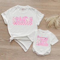Custom Grammy and Grammy's Girl Matching Outfits, Pink Floral Checkered Tee & Romper, Soft Cotton Baby & Adult Apparel, Gift for Grammy