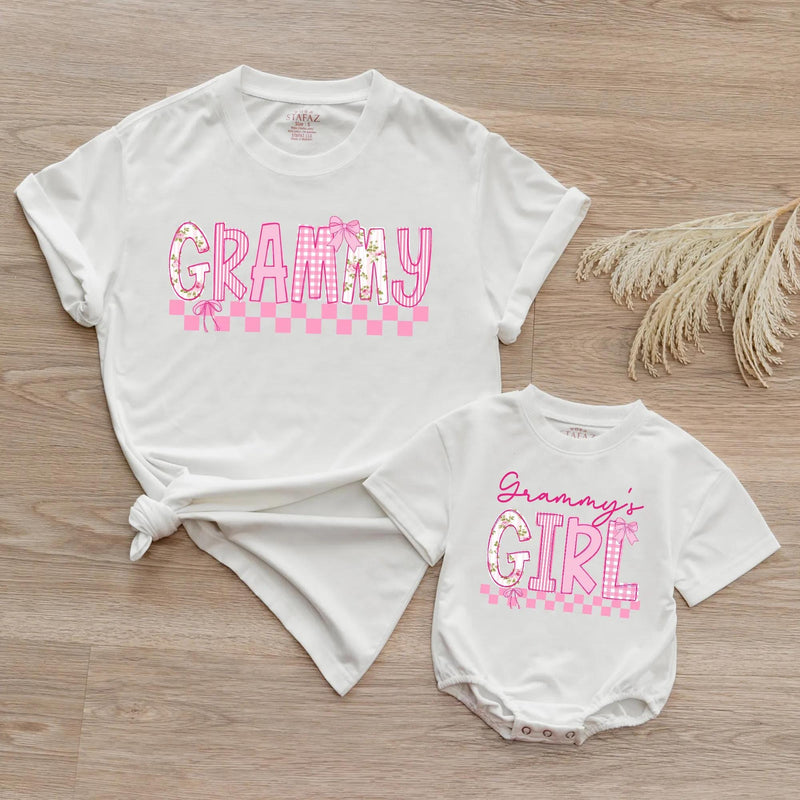 Custom Grammy and Grammy's Girl Matching Outfits, Pink Floral Checkered Tee & Romper, Soft Cotton Baby & Adult Apparel, Gift for Grammy