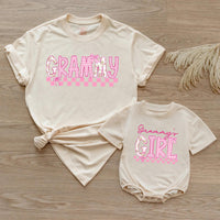 Custom Grammy and Grammy's Girl Matching Outfits, Pink Floral Checkered Tee & Romper, Soft Cotton Baby & Adult Apparel, Gift for Grammy
