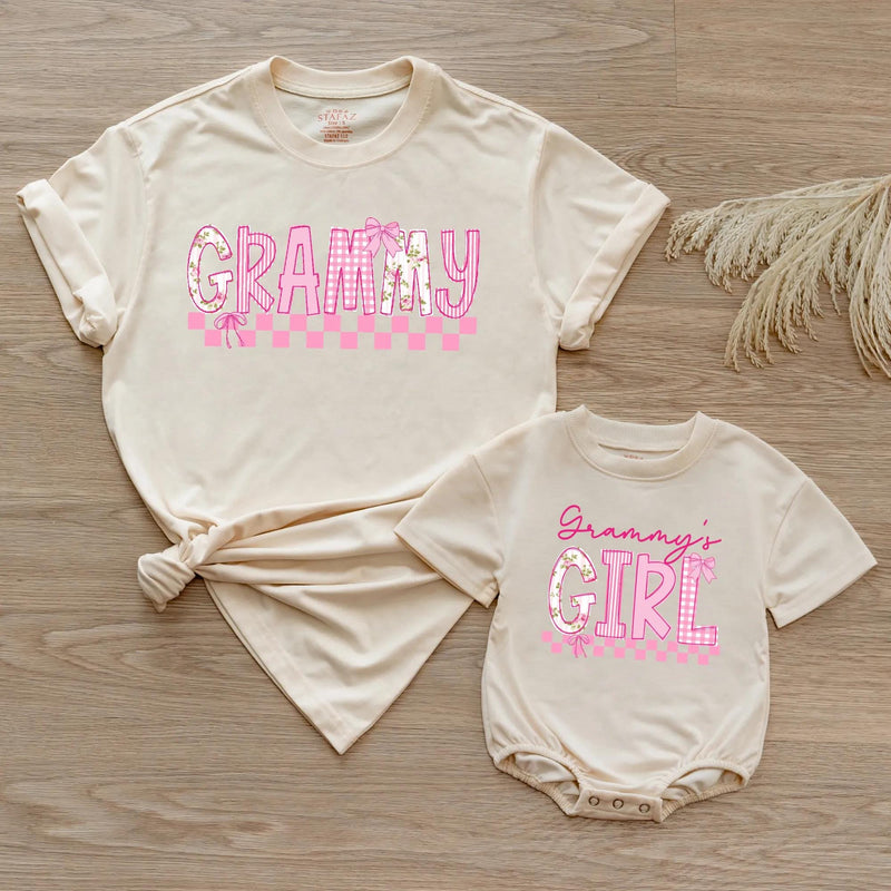 Custom Grammy and Grammy's Girl Matching Outfits, Pink Floral Checkered Tee & Romper, Soft Cotton Baby & Adult Apparel, Gift for Grammy