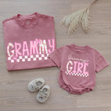 Custom Grammy and Grammy's Girl Matching Outfits, Pink Floral Checkered Tee & Romper, Soft Cotton Baby & Adult Apparel, Gift for Grammy