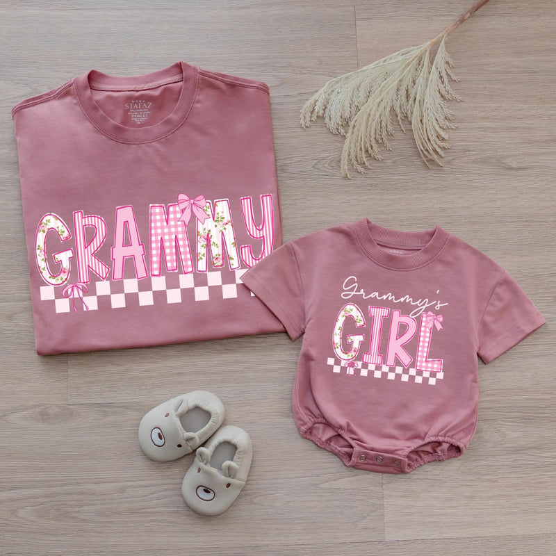 Custom Grammy and Grammy's Girl Matching Outfits, Pink Floral Checkered Tee & Romper, Soft Cotton Baby & Adult Apparel, Gift for Grammy