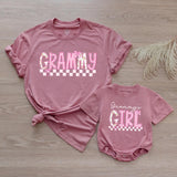 Custom Grammy and Grammy's Girl Matching Outfits, Pink Floral Checkered Tee & Romper, Soft Cotton Baby & Adult Apparel, Gift for Grammy