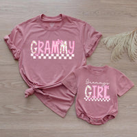 Custom Grammy and Grammy's Girl Matching Outfits, Pink Floral Checkered Tee & Romper, Soft Cotton Baby & Adult Apparel, Gift for Grammy