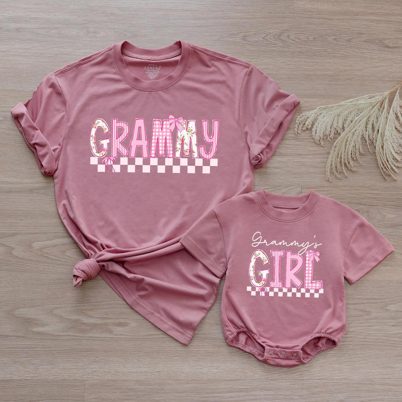 Custom Grammy and Grammy's Girl Matching Outfits, Pink Floral Checkered Tee & Romper, Soft Cotton Baby & Adult Apparel, Gift for Grammy