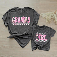 Custom Grammy and Grammy's Girl Matching Outfits, Pink Floral Checkered Tee & Romper, Soft Cotton Baby & Adult Apparel, Gift for Grammy