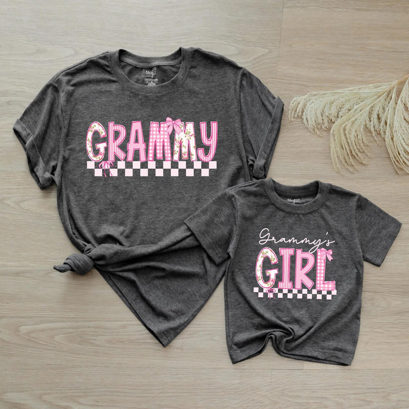 Custom Grammy and Grammy's Girl Matching Outfits, Pink Floral Checkered Tee & Romper, Soft Cotton Baby & Adult Apparel, Gift for Grammy