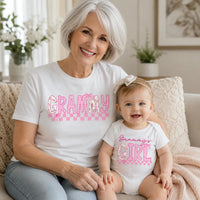Custom Grammy and Grammy's Girl Matching Outfits, Pink Floral Checkered Tee & Romper, Soft Cotton Baby & Adult Apparel, Gift for Grammy