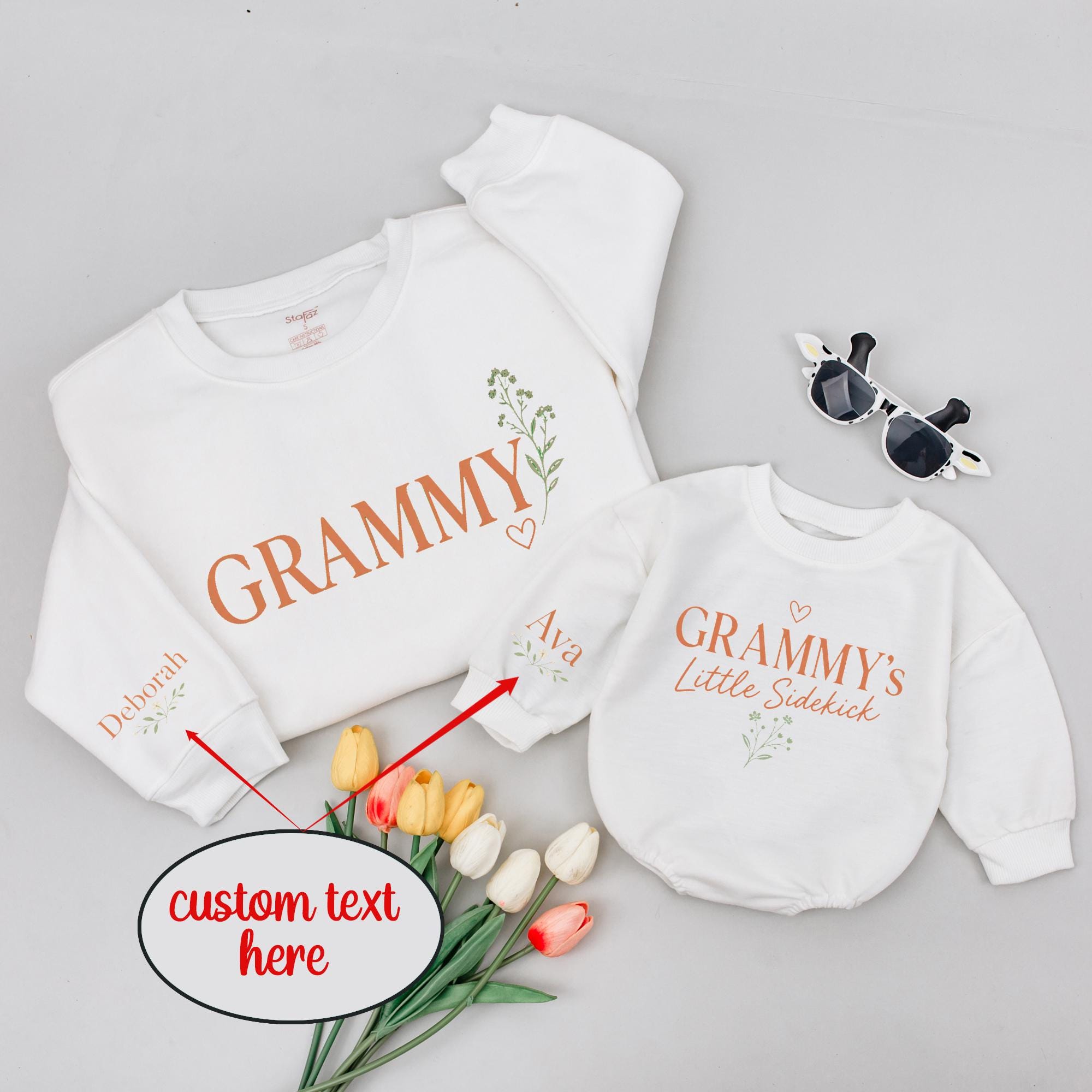 Custom Grammy and Little Sidekick Matching Sweatshirt and Baby Romper Set, Soft Cotton, Personalized Names, Grandma and Baby Gift