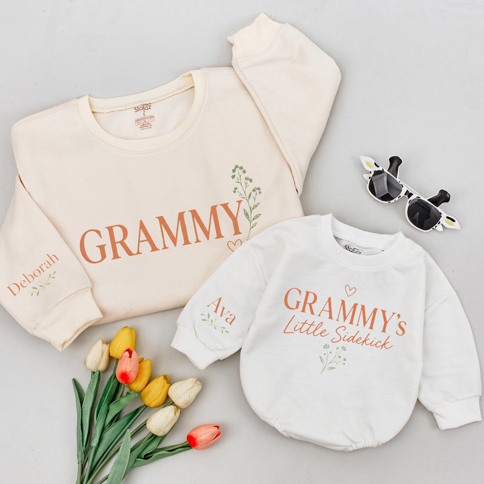 Custom Grammy and Little Sidekick Matching Sweatshirt and Baby Romper Set, Soft Cotton, Personalized Names, Grandma and Baby Gift