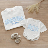 Custom Grandma & Baby Matching Outfit Set with Blue Varsity Text, Grandma's Bestie Bodysuit & Shirt, Soft Cotton Gift for New Grandparents