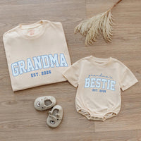Custom Grandma & Baby Matching Outfit Set with Blue Varsity Text, Grandma's Bestie Bodysuit & Shirt, Soft Cotton Gift for New Grandparents