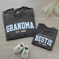 Custom Grandma & Baby Matching Outfit Set with Blue Varsity Text, Grandma's Bestie Bodysuit & Shirt, Soft Cotton Gift for New Grandparents