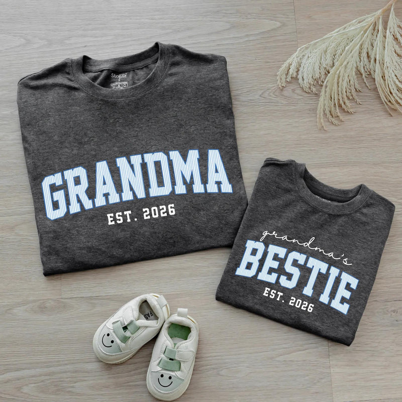 Custom Grandma & Baby Matching Outfit Set with Blue Varsity Text, Grandma's Bestie Bodysuit & Shirt, Soft Cotton Gift for New Grandparents