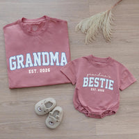Custom Grandma & Baby Matching Outfit Set with Blue Varsity Text, Grandma's Bestie Bodysuit & Shirt, Soft Cotton Gift for New Grandparents