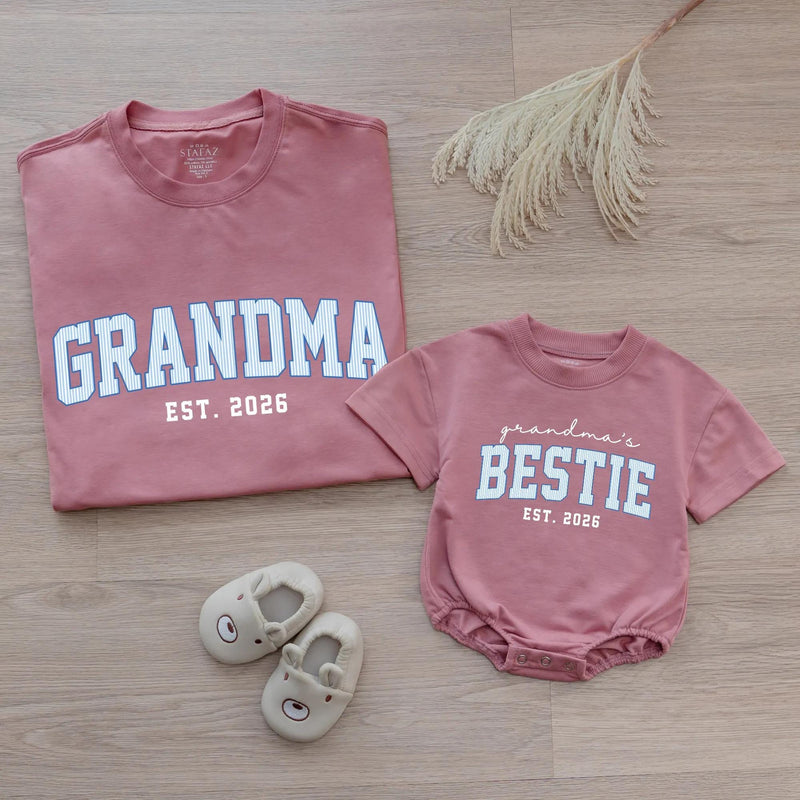 Custom Grandma & Baby Matching Outfit Set with Blue Varsity Text, Grandma's Bestie Bodysuit & Shirt, Soft Cotton Gift for New Grandparents