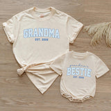 Custom Grandma & Baby Matching Outfit Set with Blue Varsity Text, Grandma's Bestie Bodysuit & Shirt, Soft Cotton Gift for New Grandparents