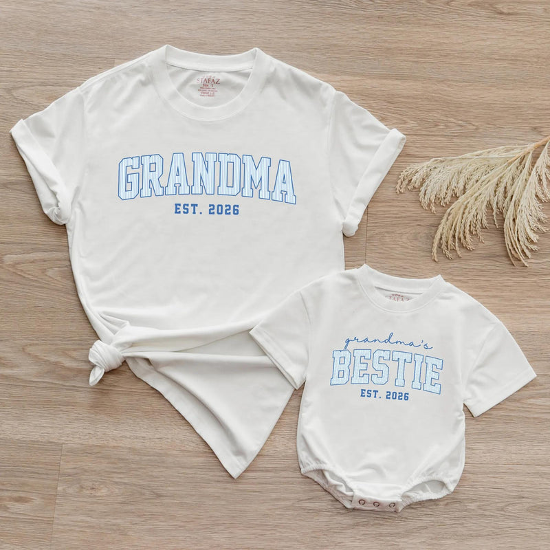 Custom Grandma & Baby Matching Outfit Set with Blue Varsity Text, Grandma's Bestie Bodysuit & Shirt, Soft Cotton Gift for New Grandparents