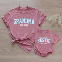 Custom Grandma & Baby Matching Outfit Set with Blue Varsity Text, Grandma's Bestie Bodysuit & Shirt, Soft Cotton Gift for New Grandparents