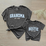 Custom Grandma & Baby Matching Outfit Set with Blue Varsity Text, Grandma's Bestie Bodysuit & Shirt, Soft Cotton Gift for New Grandparents