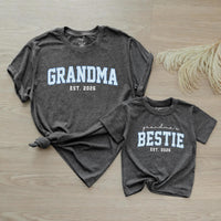 Custom Grandma & Baby Matching Outfit Set with Blue Varsity Text, Grandma's Bestie Bodysuit & Shirt, Soft Cotton Gift for New Grandparents