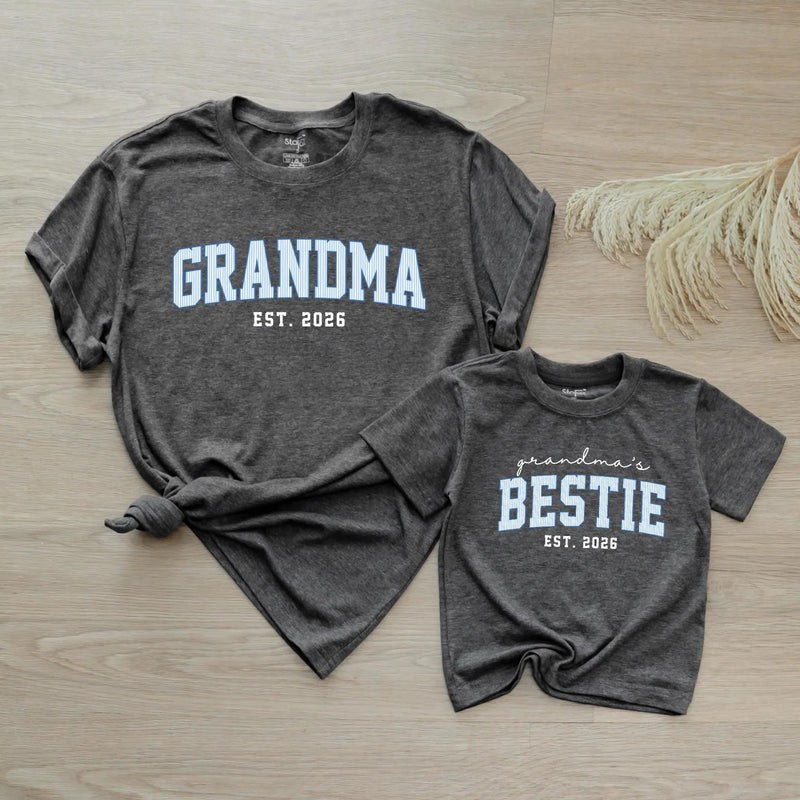 Custom Grandma & Baby Matching Outfit Set with Blue Varsity Text, Grandma's Bestie Bodysuit & Shirt, Soft Cotton Gift for New Grandparents