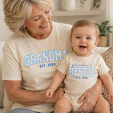 Custom Grandma & Baby Matching Outfit Set with Blue Varsity Text, Grandma's Bestie Bodysuit & Shirt, Soft Cotton Gift for New Grandparents