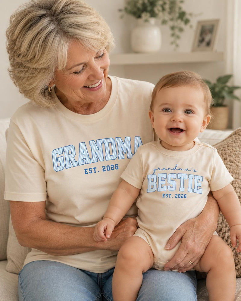 Custom Grandma & Baby Matching Outfit Set with Blue Varsity Text, Grandma's Bestie Bodysuit & Shirt, Soft Cotton Gift for New Grandparents