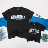 Custom Grandma & Baby Matching Outfit Set with Blue Varsity Text, Grandma's Bestie Bodysuit & Shirt, Soft Cotton Gift for New Grandparents