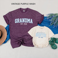Custom Grandma & Baby Matching Outfit Set with Blue Varsity Text, Grandma's Bestie Bodysuit & Shirt, Soft Cotton Gift for New Grandparents