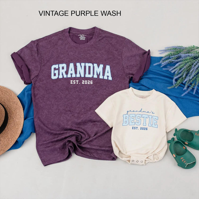 Custom Grandma & Baby Matching Outfit Set with Blue Varsity Text, Grandma's Bestie Bodysuit & Shirt, Soft Cotton Gift for New Grandparents