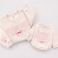 Custom Grandma and Grandma's Girl Matching Sweatshirt & Baby Romper Set with Pink Bow Artwork, Soft Cotton for Family Moments & Gifting