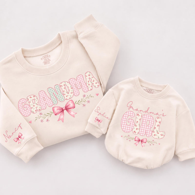Custom Grandma and Grandma's Girl Matching Sweatshirt & Baby Romper Set with Pink Bow Artwork, Soft Cotton for Family Moments & Gifting