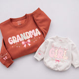 Custom Grandma and Grandma's Girl Matching Sweatshirt & Baby Romper Set with Pink Bow Artwork, Soft Cotton for Family Moments & Gifting